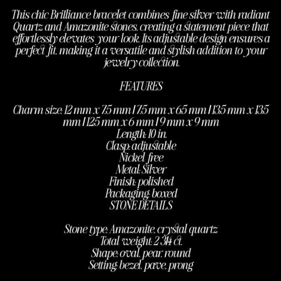 Brilliance Fine Silver Amazonite & Crystal Quartz Adjustable Charm Bracelet 10" - Picture 11 of 11